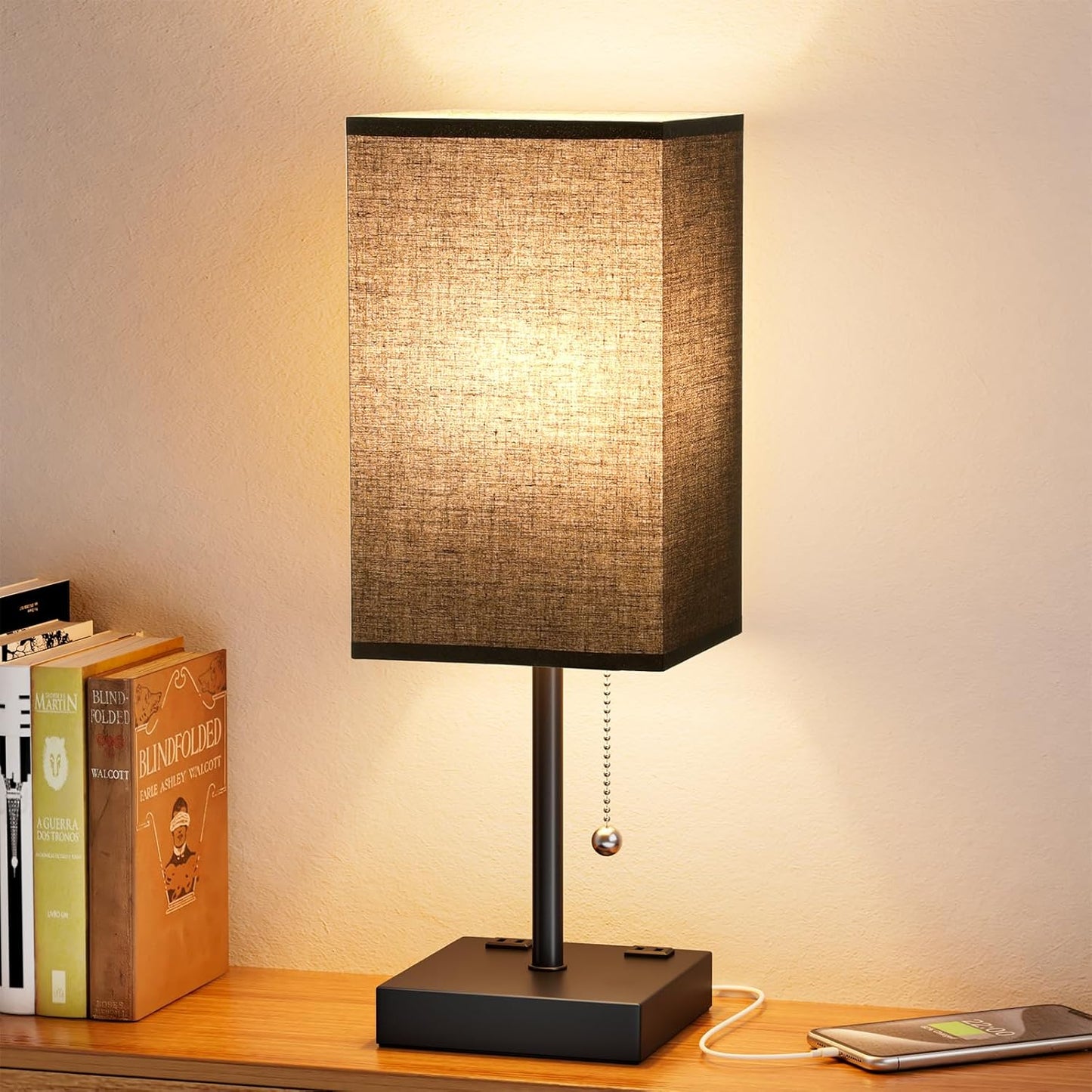 aooshine Small Table Lamp for Bedroom - Bedside Lamps for Nightstand, Minimalist Night Stand Light Lamp with Square Fabric Shade, Desk Reading Lamp for Kids Room Living Room Office Dorm