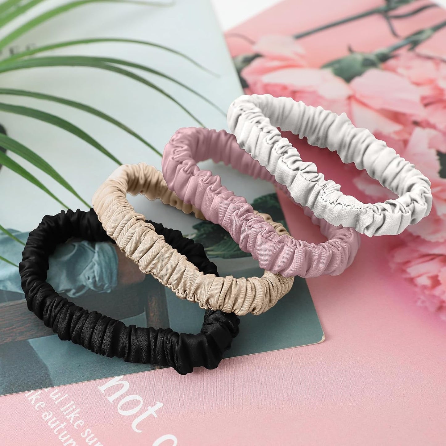 4Pcs Mulberry Silk Scrunchies Set, Silk Hair Ties Elastic for Women, Skinny Scrunchies Reduces Breakage for All Hair Types