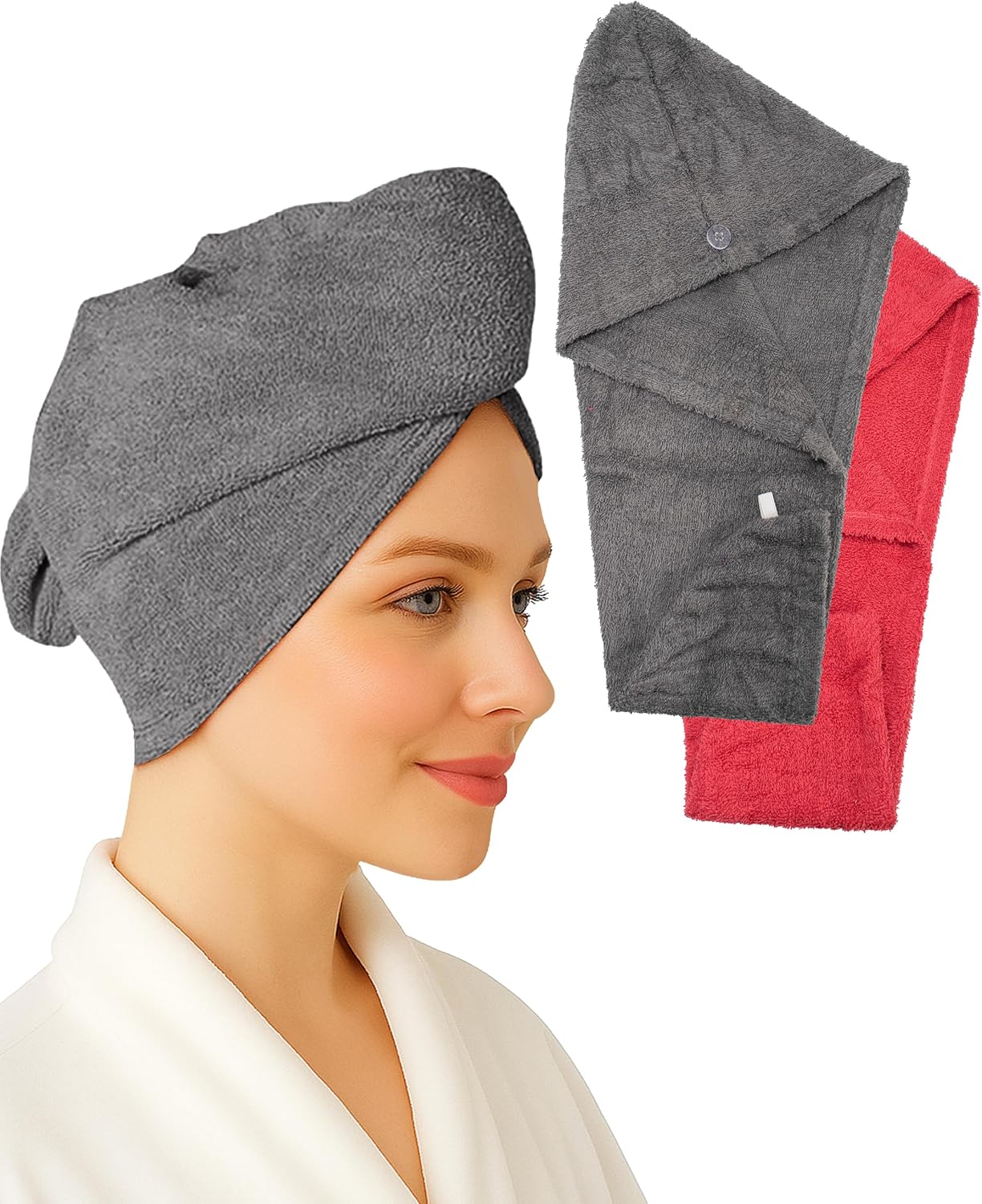 Textila 100% Cotton Hair Wrap Towels for Women (Pack of 2, Raspberry & Green) – Soft & Absorbent Turban Towels for Long, Curly, Frizz-Prone Hair
