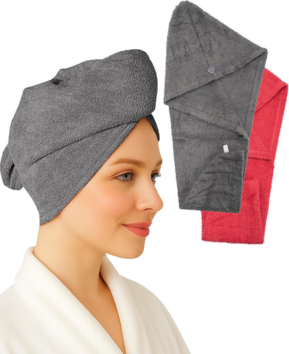 Textila 100% Cotton Hair Wrap Towels for Women (Pack of 2, Raspberry & Green) – Soft & Absorbent Turban Towels for Long, Curly, Frizz-Prone Hair