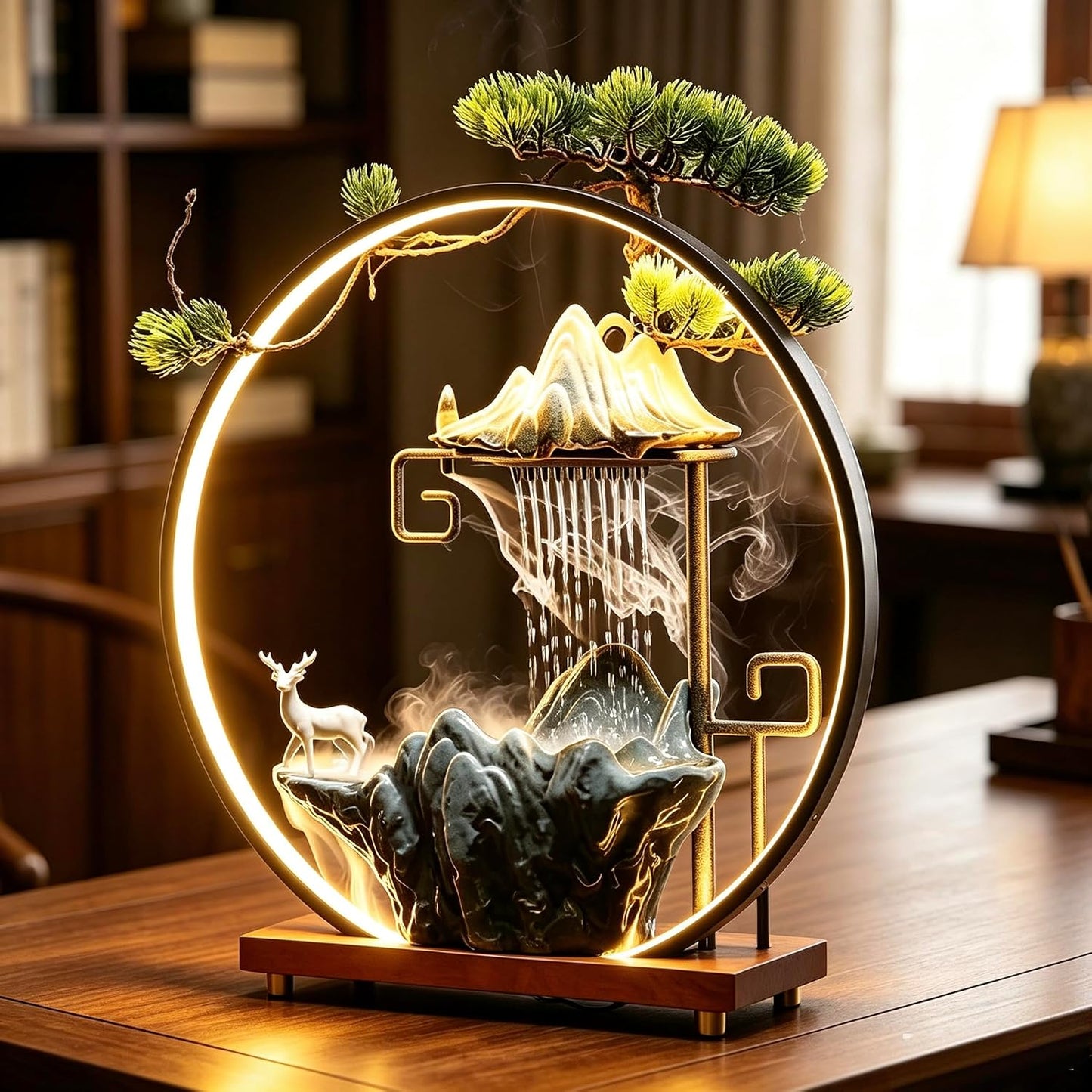 Mini Artificial Bonsai Tree Waterfall Fog Feature Rock Tabletop Fountain | 11in Desktop Decor Waterfall Fountain W/ Water Pump& Atomizer&LED Lights &Fake Tree Office Bedroom Relax