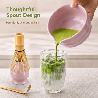 Matcha Whisk Set with Ceramic Bowl - Complete Matcha Making Kit, Bamboo Whisk (Chasen), Whisk Holder, Matcha Powder Sifter, Scoop, Japanese Tea Ceremony Tools（Green）