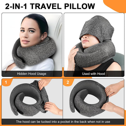 Travel Pillow - Hooded Neck Pillow Airplane Memory Foam Filling for Plane, Office, Cars Sleeping, Road Trip, Long Flights, Airplane Travel Essentials, Includes Eye Mask & Earplugs (Green)