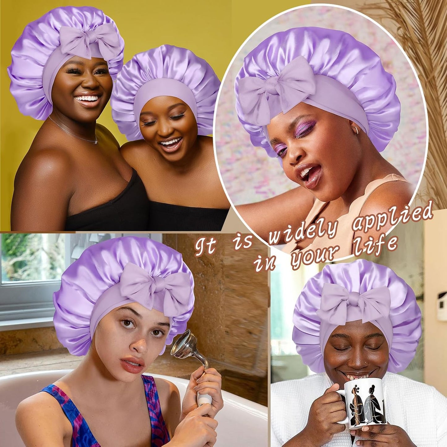 Satin Bonnet for Sleeping Cap Double Layer Hair Bonnet with Elastic Tie Band for Curly Hair Night Cap (Bean Paste + Pink)