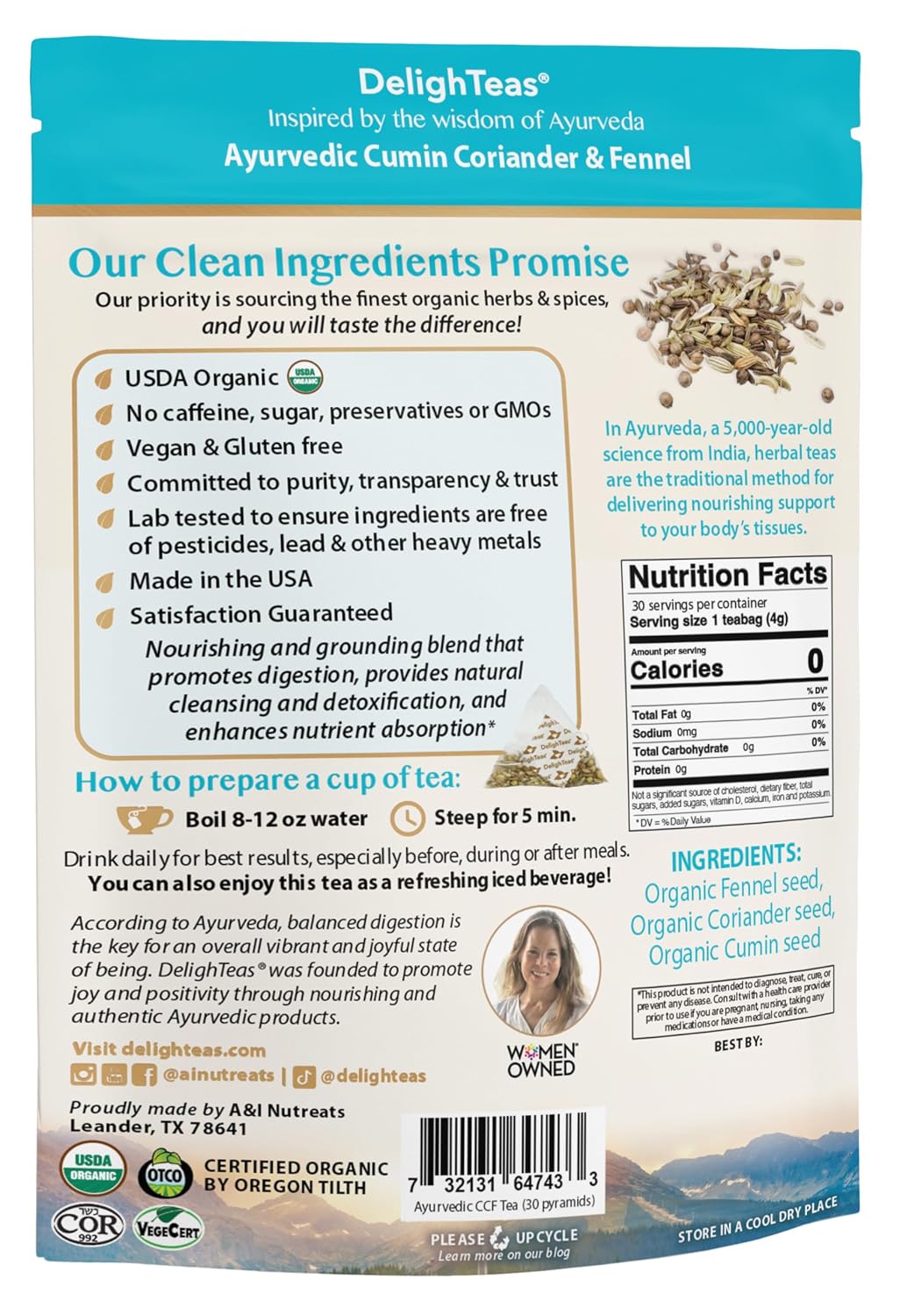 DelighTeas Organic Digest & Detox CCF Tea | Eco-friendly, Compostable Pyramid Tea Bags | Ayurvedic Cumin, Coriander, Fennel Tea | USDA Organic, Caffeine Free, Kosher | 30 Tea Bags, 4g each