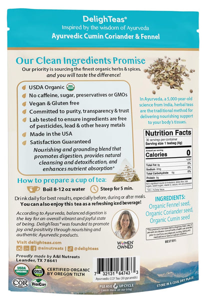 DelighTeas Organic Digest & Detox CCF Tea | Eco-friendly, Compostable Pyramid Tea Bags | Ayurvedic Cumin, Coriander, Fennel Tea | USDA Organic, Caffeine Free, Kosher | 30 Tea Bags, 4g each