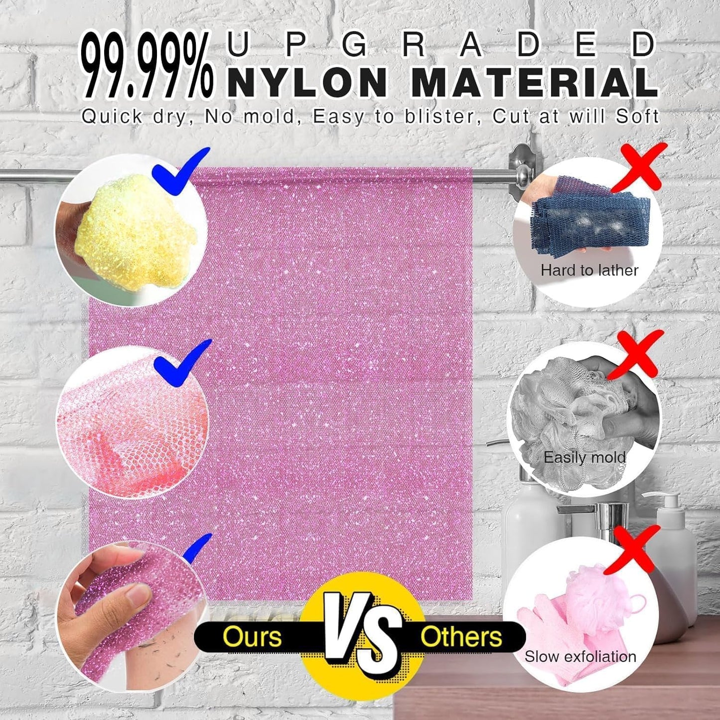 UJFQBH 3 Pieces African Bath Sponge African Net Long Net Bath Sponge Exfoliating Shower Body Scrubber Back Scrubber Skin Smoother,Great for Daily Use (Pink,Yellow,Purple)