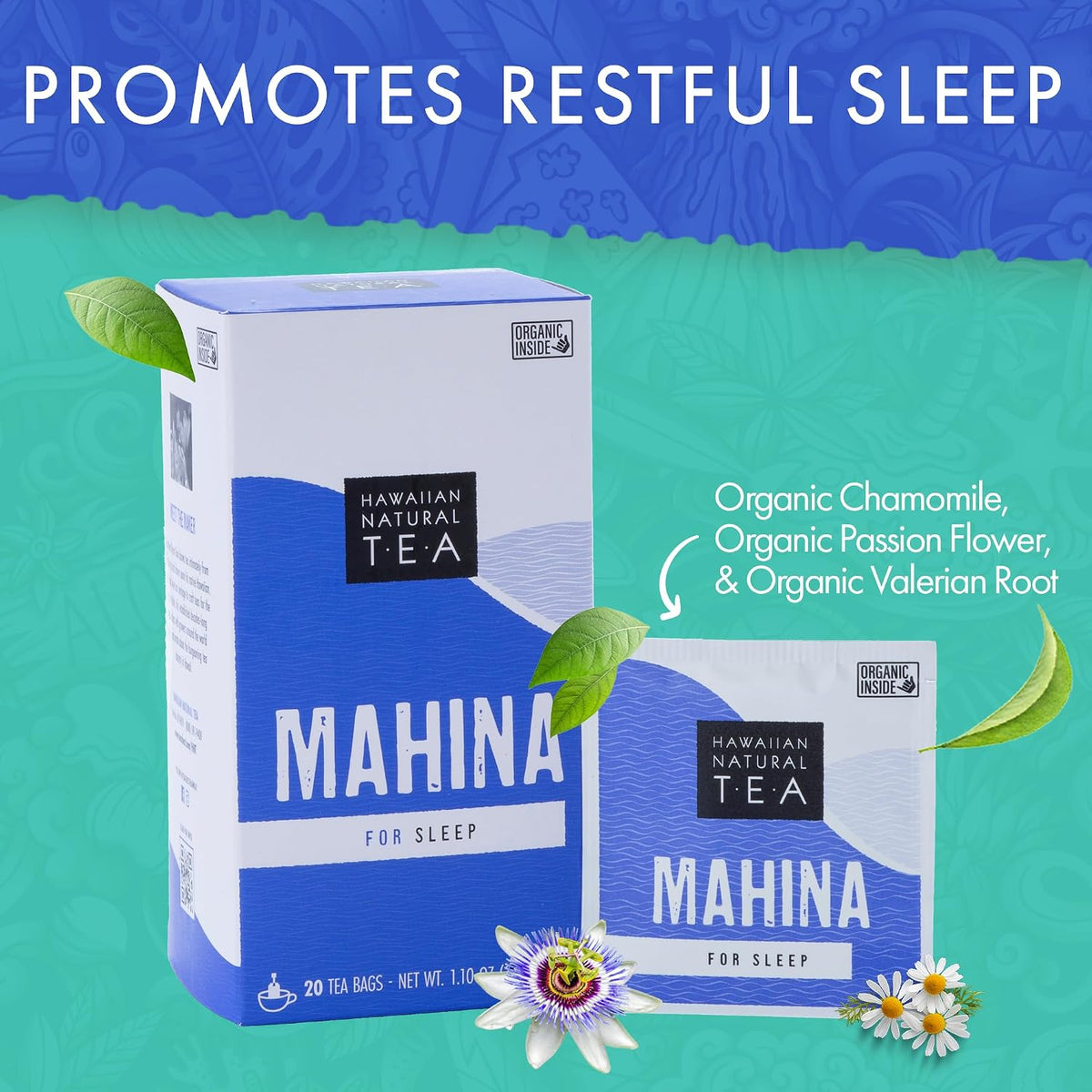 Hawaiian Natural Tea Mahina Chamomile Mamaki Tea Bags, Caffeine-Free, 20 Ct