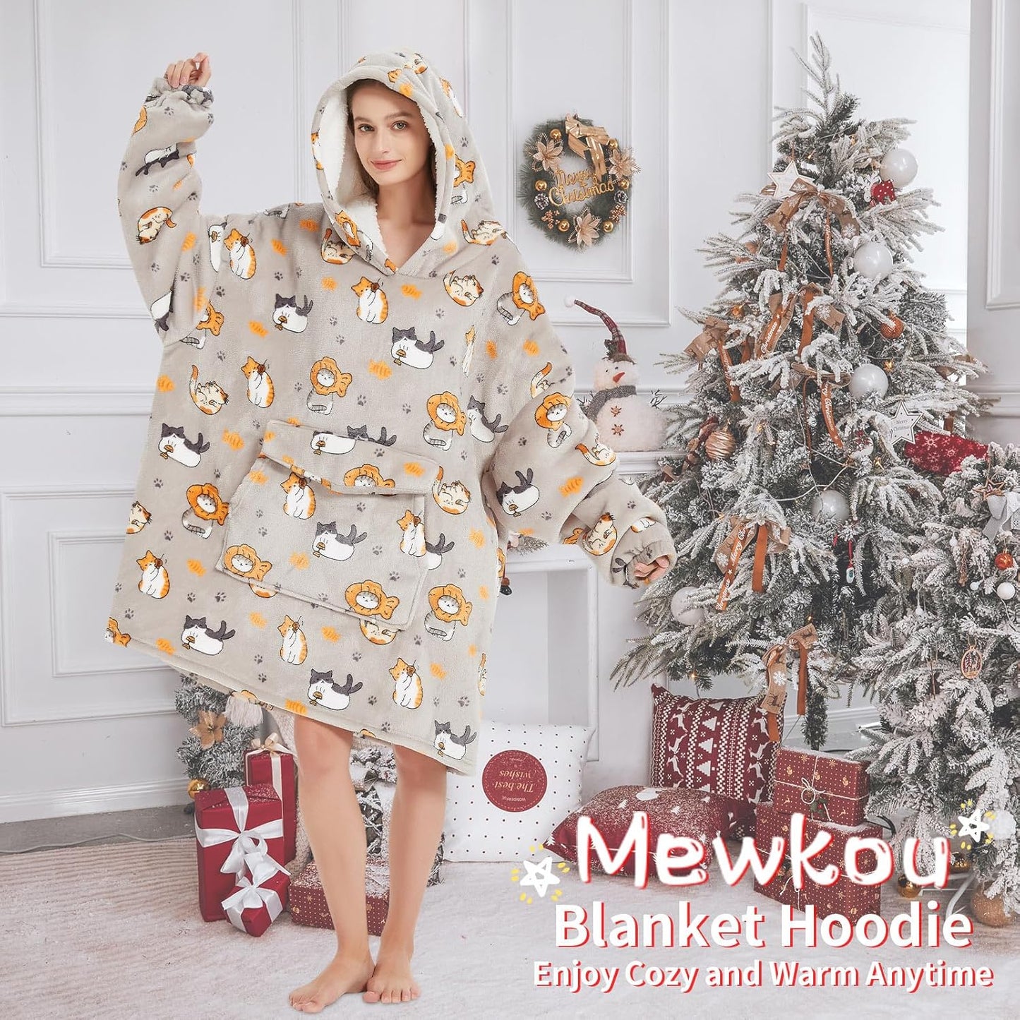 Mewkou Wearable Blanket Hoodie for Adult,Oversized Sherpa Fleece Blanket Hoodie for Women Men,Grey