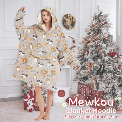 Mewkou Wearable Blanket Hoodie for Adult,Oversized Sherpa Fleece Blanket Hoodie for Women Men,Grey