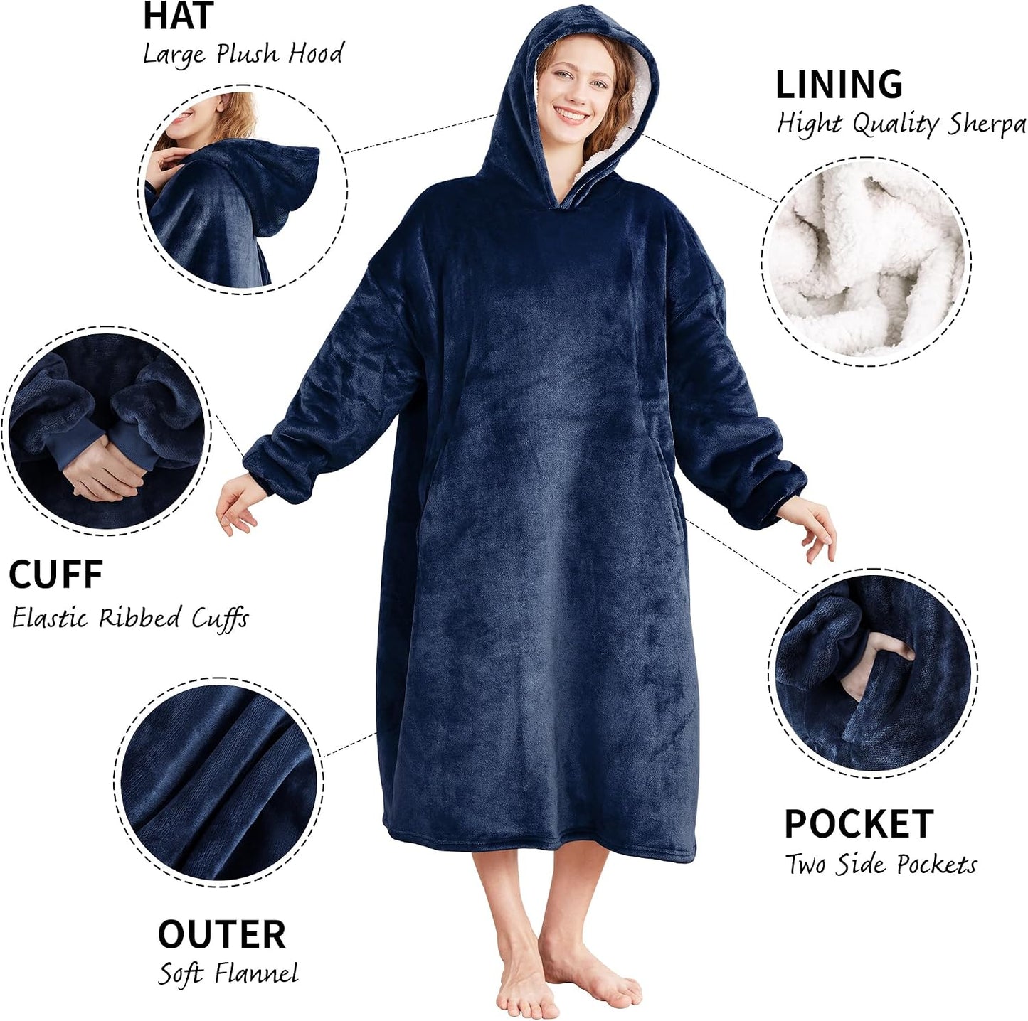 AmyHomie Wearable Blanket Hoodie for Adults & Teens,Oversized Sherpa Hooded Blanket,Warm Cozy Blanket Sweatshirt as Christmas Birthday Gifts for Women Men