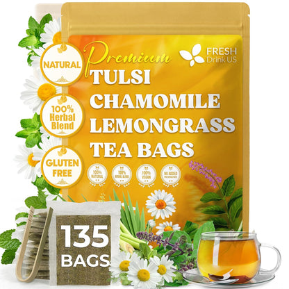 FreshDrinkUS, Premium Tulsi Chamomile Herbal Tea, 135 Bags, Caffeine Free