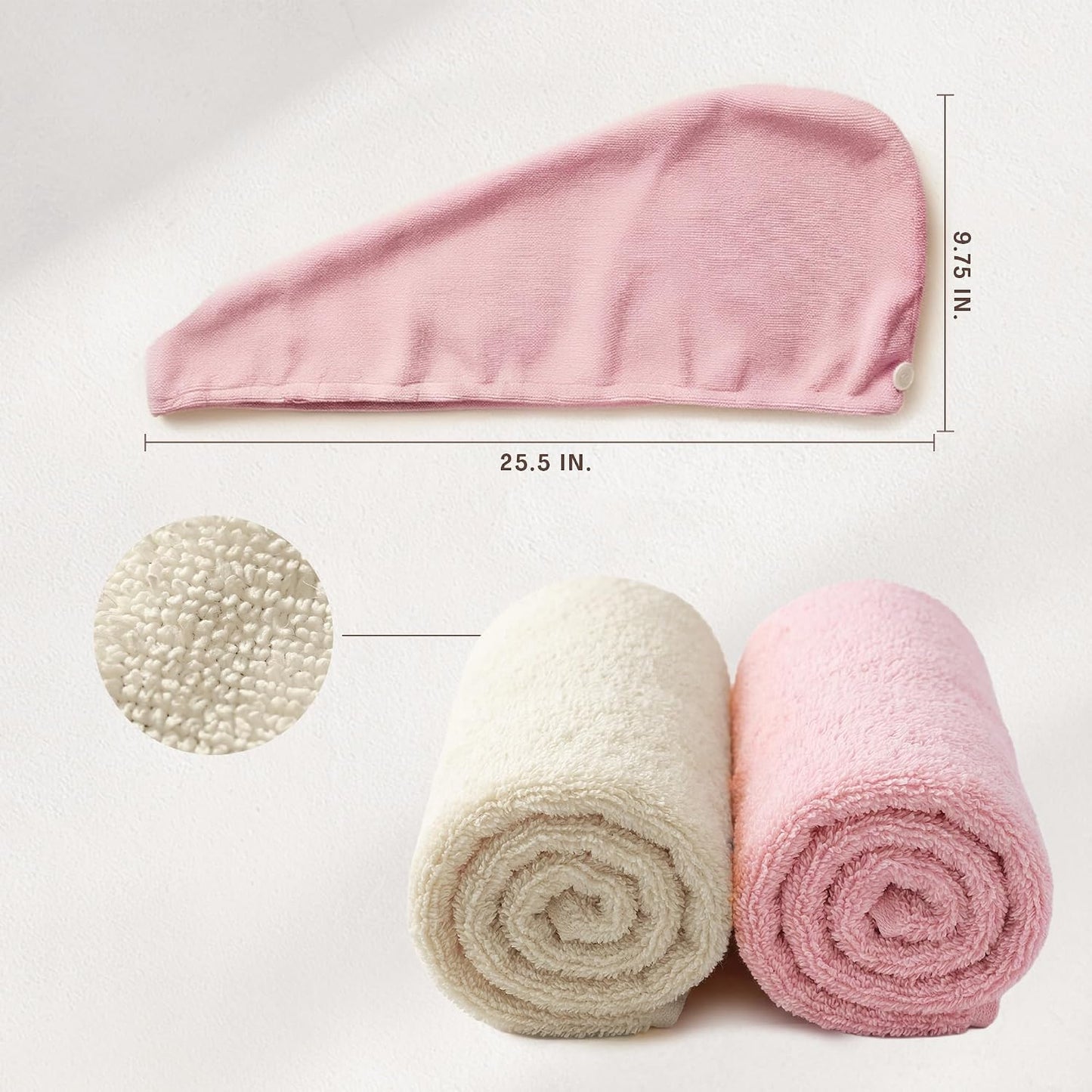 Microfiber Hair Towel Wrap for Women – Ultra Absorbent Quick Dry Turban | Button & Loop Design | Soft Lightweight Fabric | Reduces Frizz & Breakage | All Hair Types | Pink & Beige