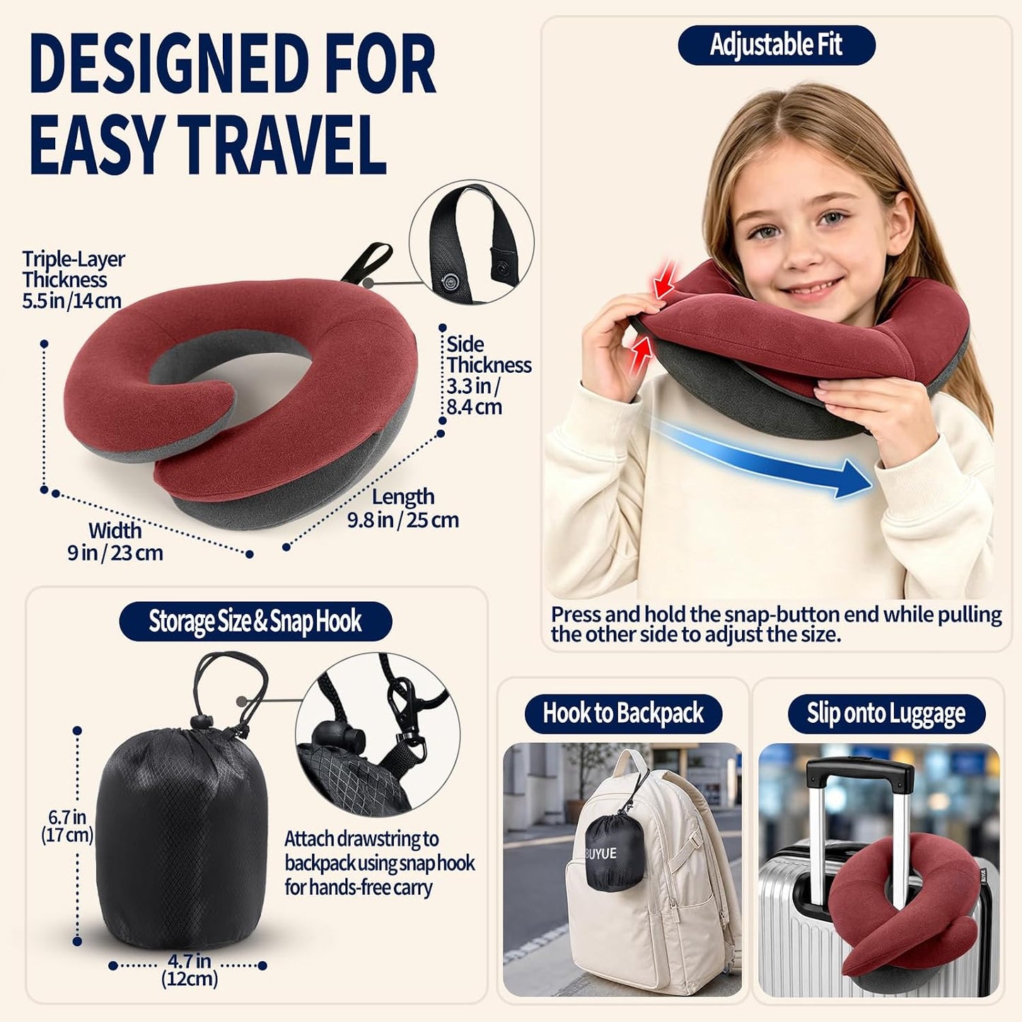 BUYUE Travel Neck Pillows for Airplanes, Memory Foam 360° Head Support Sleep for Long Flight, Skin-Friendly & Breathable, Kit with Eye Mask, Earplugs and Storage Bag (Adult, Grey, 90+ lbs)