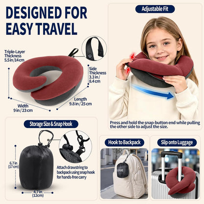 BUYUE Travel Neck Pillows for Airplanes, Memory Foam 360° Head Support Sleep for Long Flight, Skin-Friendly & Breathable, Kit with Eye Mask, Earplugs and Storage Bag (Adult, Grey, 90+ lbs)