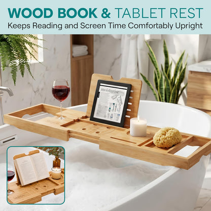 SereneLife 2 in 1 Bed and Bath Tray - Foldable Bamboo Bathtub Caddy with Adjustable Length, Non-Slip, Device Holder, Wine Glass Slot, Expandable for Comfortable Bathing, Natural, Folding Set