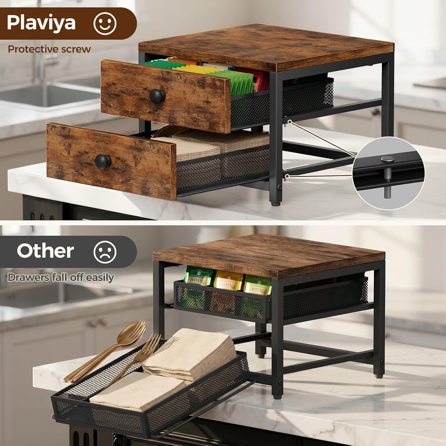 Plaviya 2-Drawer Tea Bag Organizer Box for Countertop | Tea Bag Holder and Storage, 9 Compartments, Wood, Utility, Kitchen, Office, Rustic Brown