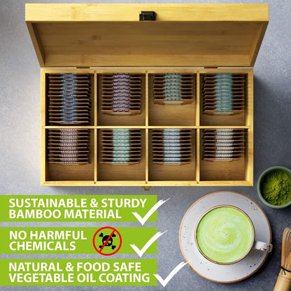 Tea Organizer Box Food Safe Chemical Free Bamboo Wood Storage Chest Big, Tall, Adjustable Cubbies (8-Slot 14.3" x 8.1" x 4.2" with TEA print design)