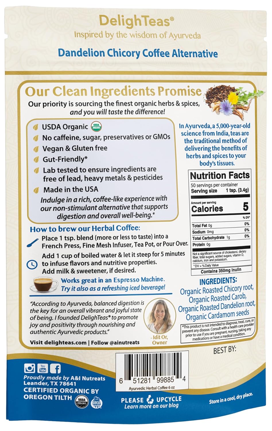 DelighTeas Organic Masala Chai Powder | Caffeine free, Unsweetened, Vegan, Keto | Ayurvedic Digestive Support blend for Chai Spice Tea | 100 Servings, 4oz