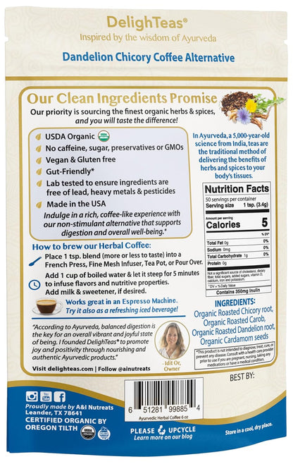DelighTeas Organic Masala Chai Powder | Caffeine free, Unsweetened, Vegan, Keto | Ayurvedic Digestive Support blend for Chai Spice Tea | 100 Servings, 4oz