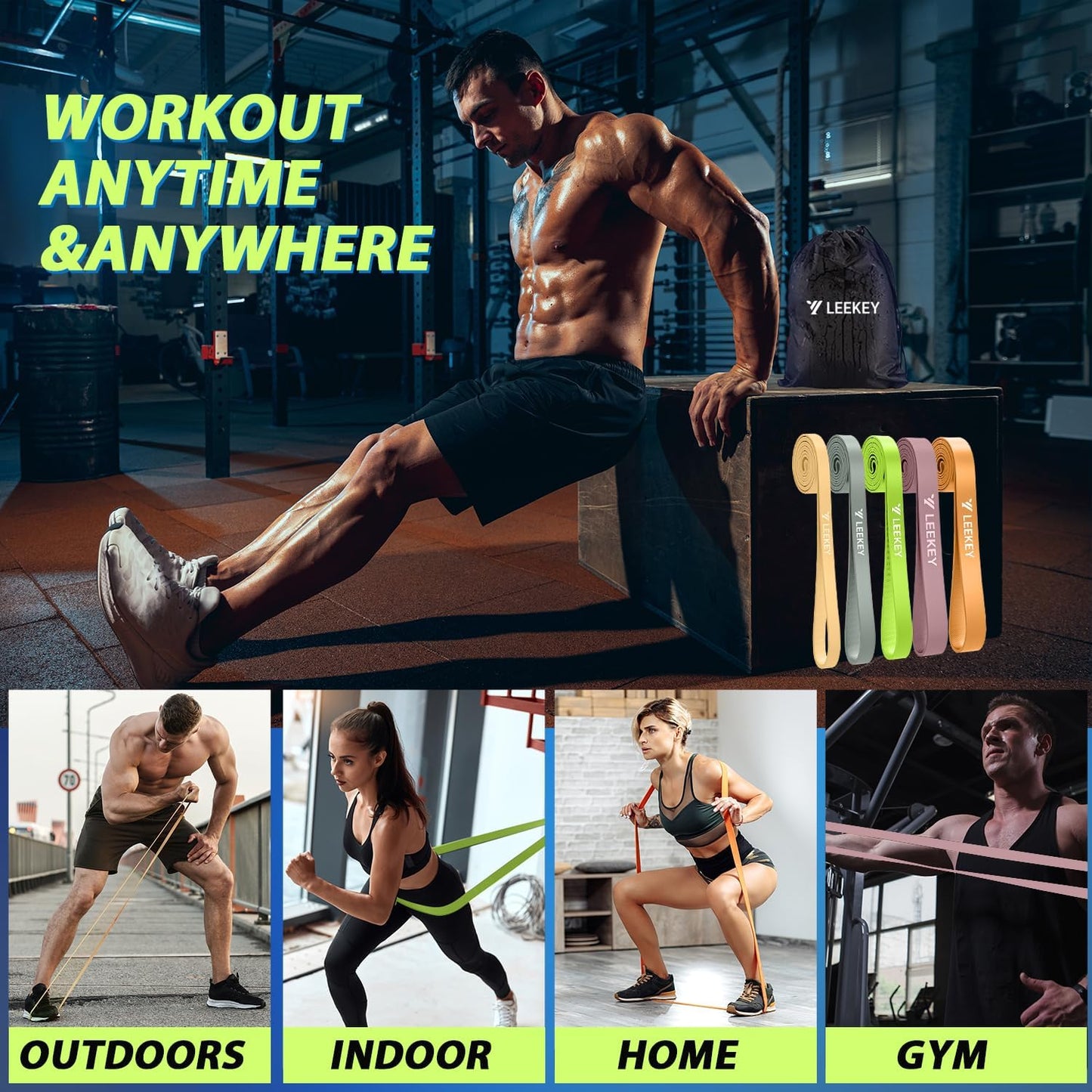 LEEKEY Pull Up Assistance Bands,5-125LB Resistance Bands with Grip、Door Anchor、Gym Bag - Exercise Bands for Full-Body Training, Fitness, Physical Therapy -USA Original Patent