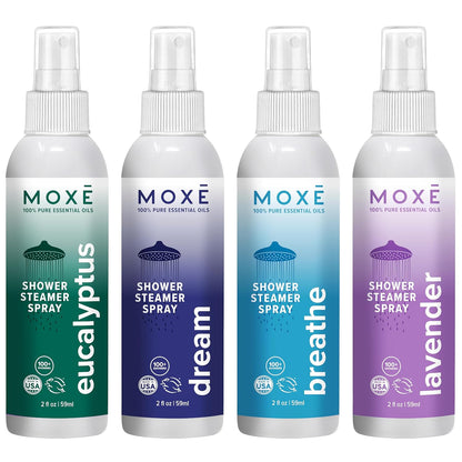 MOXĒ Eucalyptus Oil Shower Mist, Spa Steam Spray, Certified Natural 100% Essential Oils, Made in USA, Aromatherapy, Sinus Congestion Relief, Tension Relief, 4 Ounces