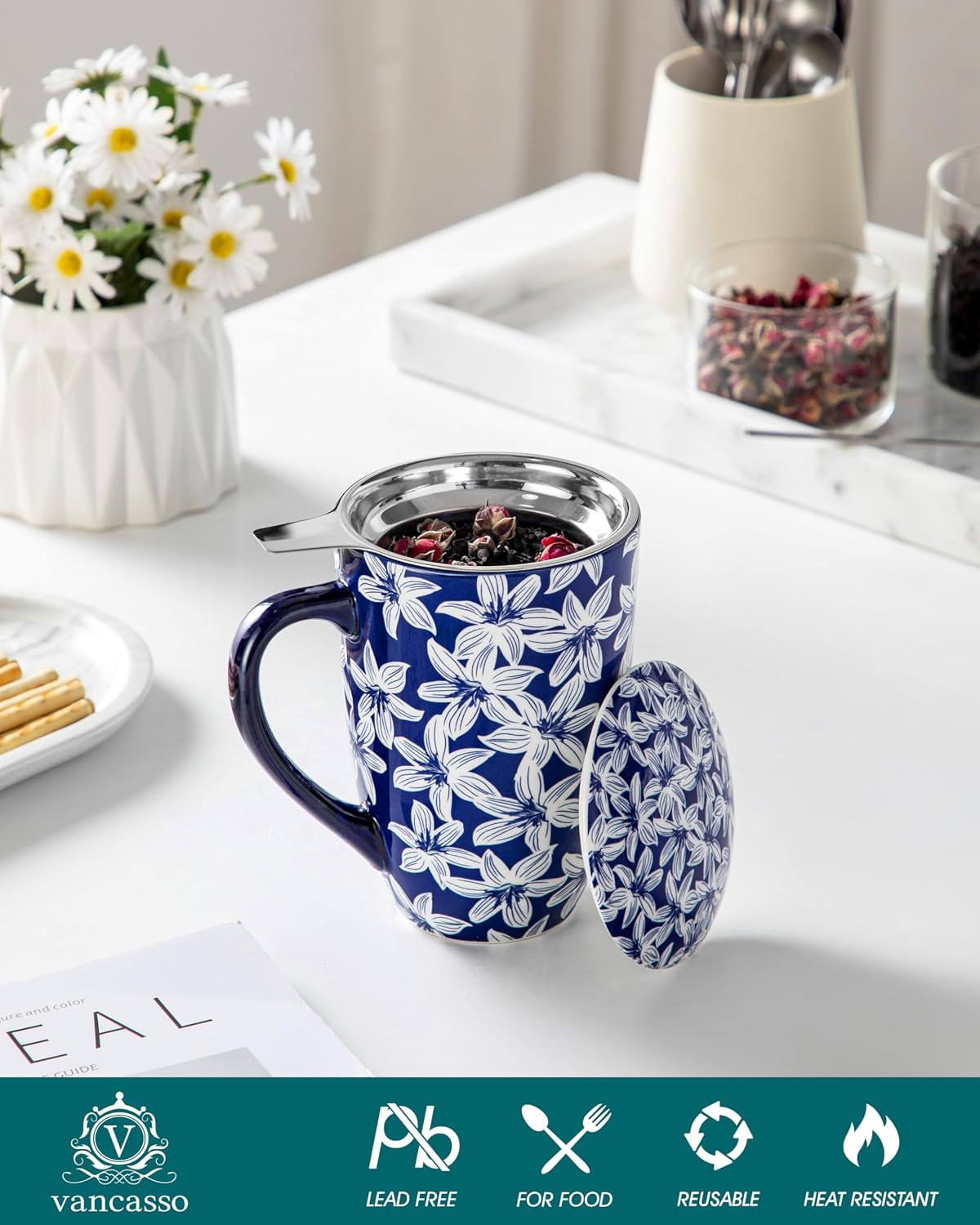 vancasso SELENE Porcelain Tea Mug, 18 oz Porcelain Tea Cup with Infuser and Lid Steeps Loose Leaf Tea, Microwave & Dishwasher Safe, Blossom Cluster