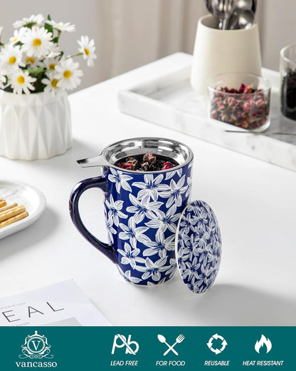 vancasso SELENE Porcelain Tea Mug, 18 oz Porcelain Tea Cup with Infuser and Lid Steeps Loose Leaf Tea, Microwave & Dishwasher Safe, Blossom Cluster