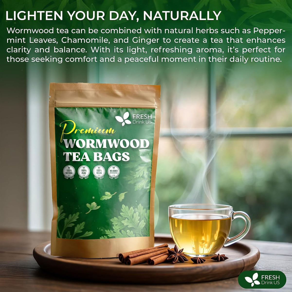 FreshDrinkUS, Premium Wormwood Tea Bag, 40 Count, Pure, Caffeine Free