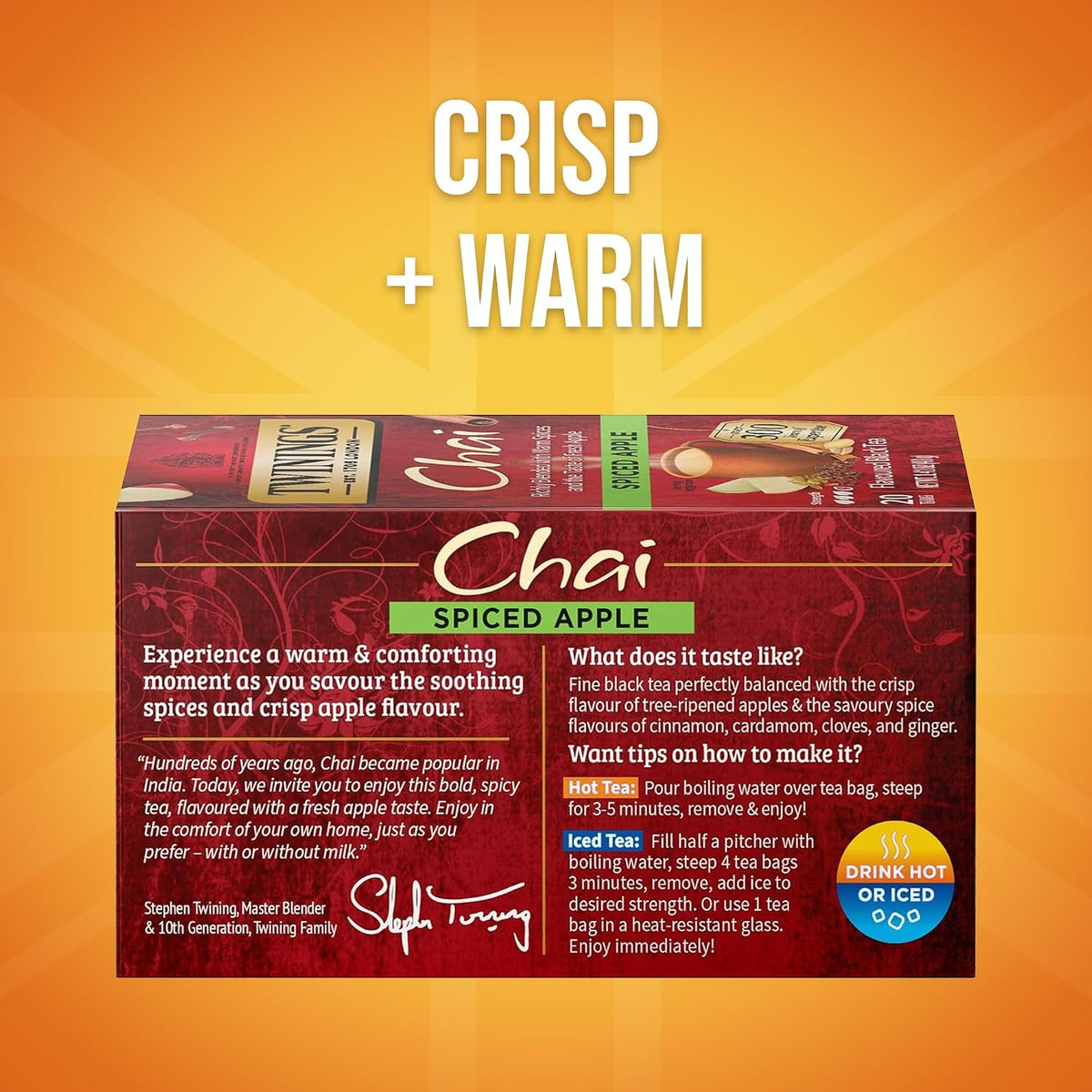 Twinings Spiced Apple Chai Black Tea Individually Wrapped Bags, 20 Count (Pack of 1), Sweet, Savoury Spices, Caffeinated, Enjoy Hot or Iced, 20 Teabags