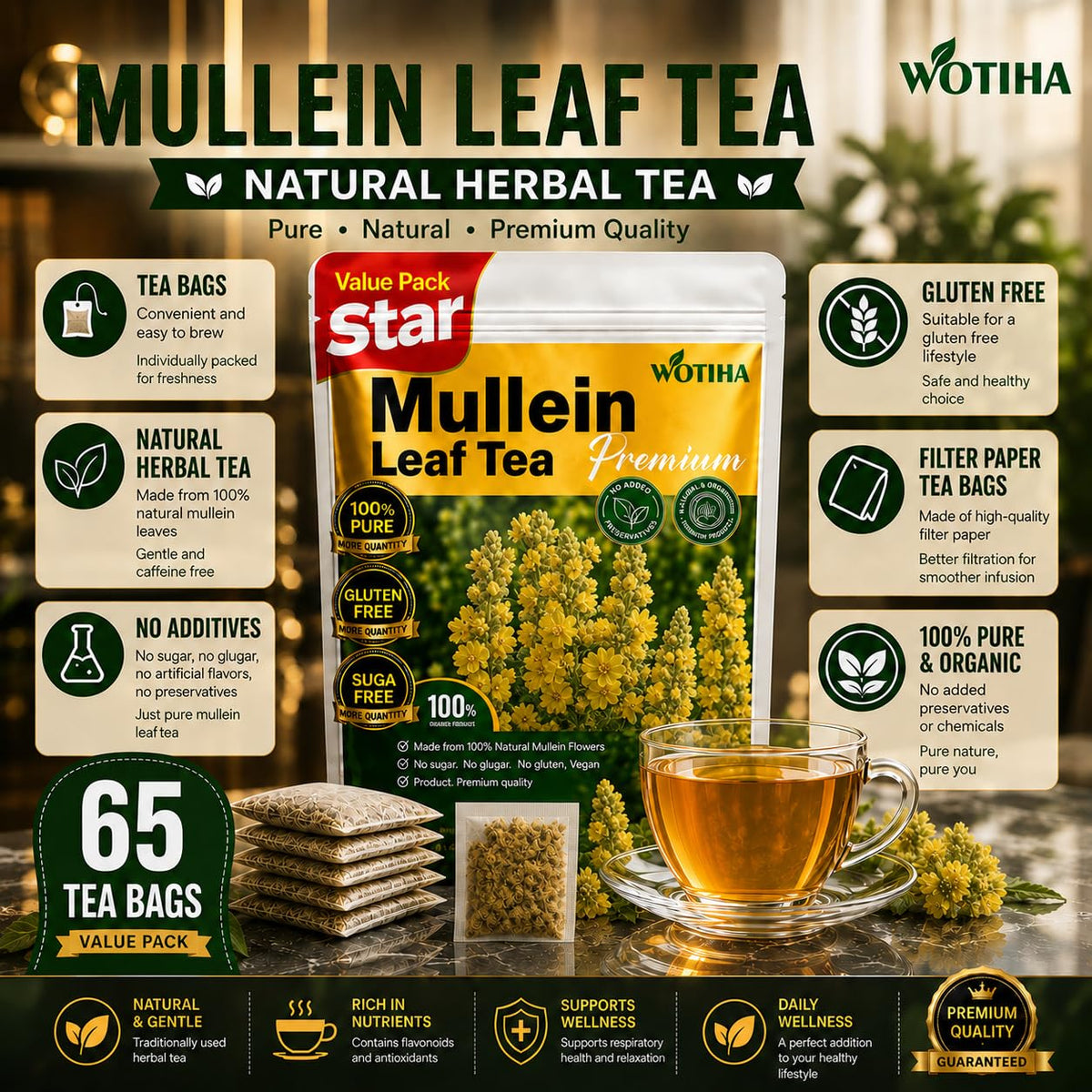 WOTIHA 65 Count Value Pack Premium Mullein Leaf Tea Bags - 100% Pure Natural Herbal tea, Lungs Cleanse & Respiratory Support, Caffeine-Free, No Additives, Non-GMO