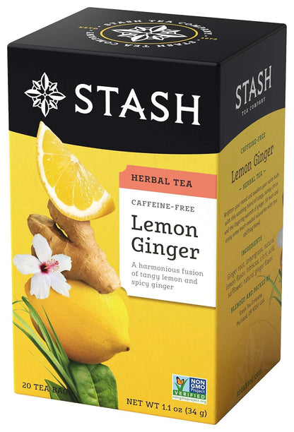 Stash Tea Lemon Ginger Vitality Herbal Tea - Naturally Caffeine Free, Non-GMO Project Verified Premium Tea with No Artificial Ingredients, 20 Count (Pack of 6) - 120 Bags Total