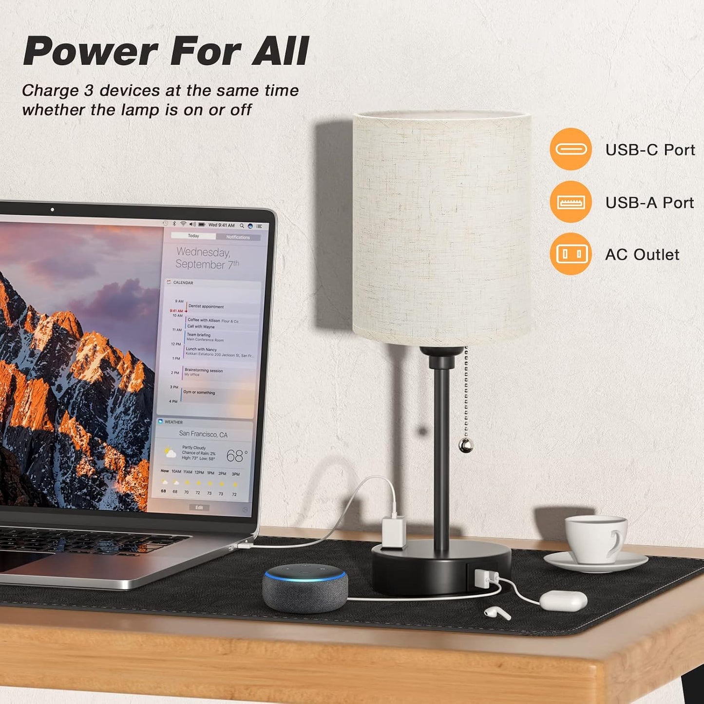 Small Bedside Table lamp for Bedroom - 3 Color Temperatures Bedside Lamps with USB C and A Ports, Pull Chain Table Lamps with AC Outlet, White Nightstand Lamps with Black Metal Base for Kids Reading