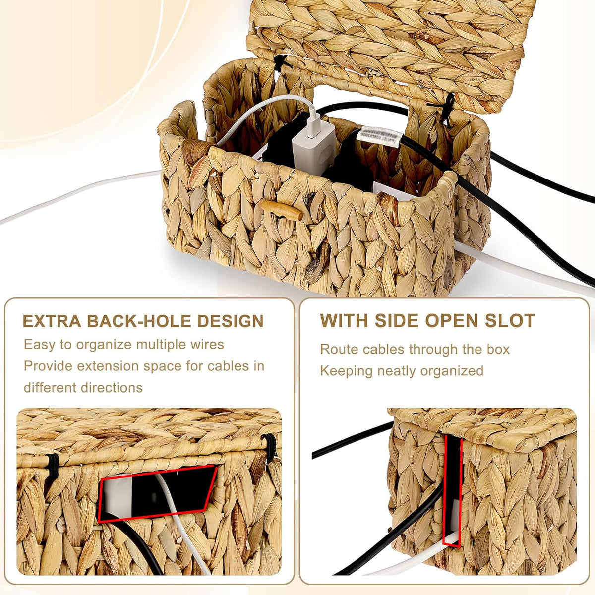 BTSKY Woven Cable Management Box with Lid Water Hyacinth Cord Organizer, S