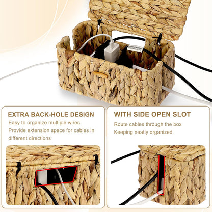 BTSKY Woven Cable Management Box with Lid Water Hyacinth Cord Organizer, S
