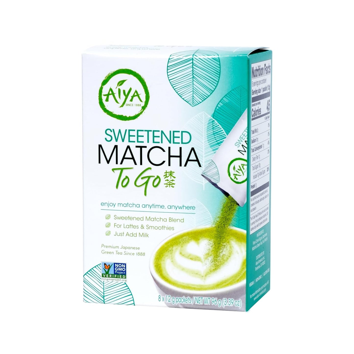 Aiya Japanese Sweetened Matcha Powder to Go Sticks - Ceremonial Grade, Vegan-Friendly, Gluten-Free - 8 Individually Packed Single-Serving Sticks for Freshness and Convenience