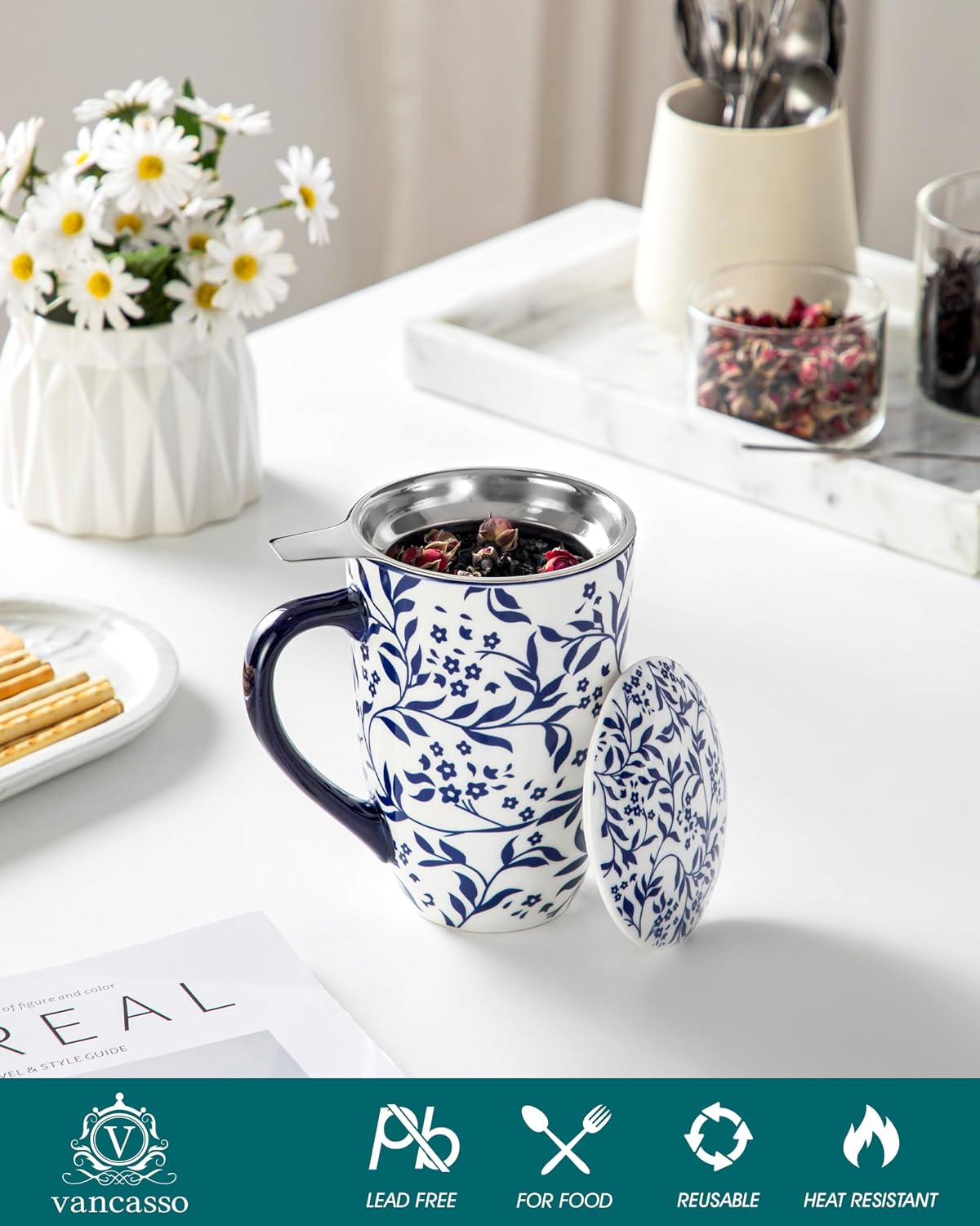 vancasso SELENE Porcelain Tea Mug, 18 oz Porcelain Tea Cup with Infuser and Lid Steeps Loose Leaf Tea, Microwave & Dishwasher Safe, Blossom Cluster