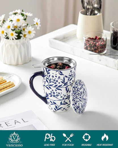 vancasso SELENE Porcelain Tea Mug, 18 oz Porcelain Tea Cup with Infuser and Lid Steeps Loose Leaf Tea, Microwave & Dishwasher Safe, Blossom Cluster