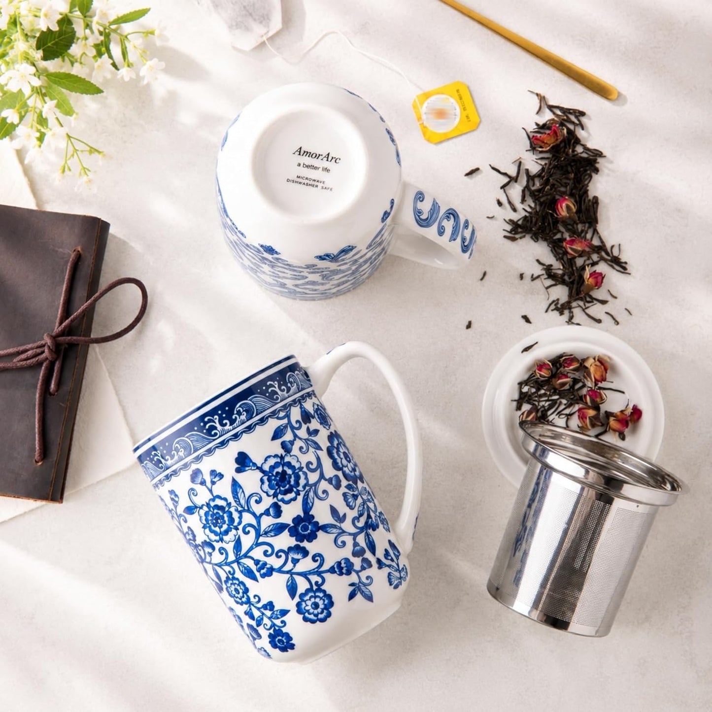 AmorArc Porcelain Tea Mug with Infuser and Lids, 18 Oz Large Cup Strainer with Bag Holder for Loose Leaf Tea, Steeping Coffee Mug for House-warming Wedding Birthday Gift