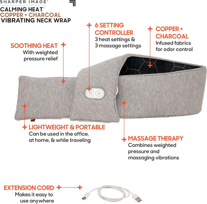 Calming Heat Neck Wrap by Sharper Image Copper & Charcoal Infused Personal Electric Neck Heating Pad with Vibrations, 3 Heat & 3 Vibration Settings- 9 Relaxing Combinations