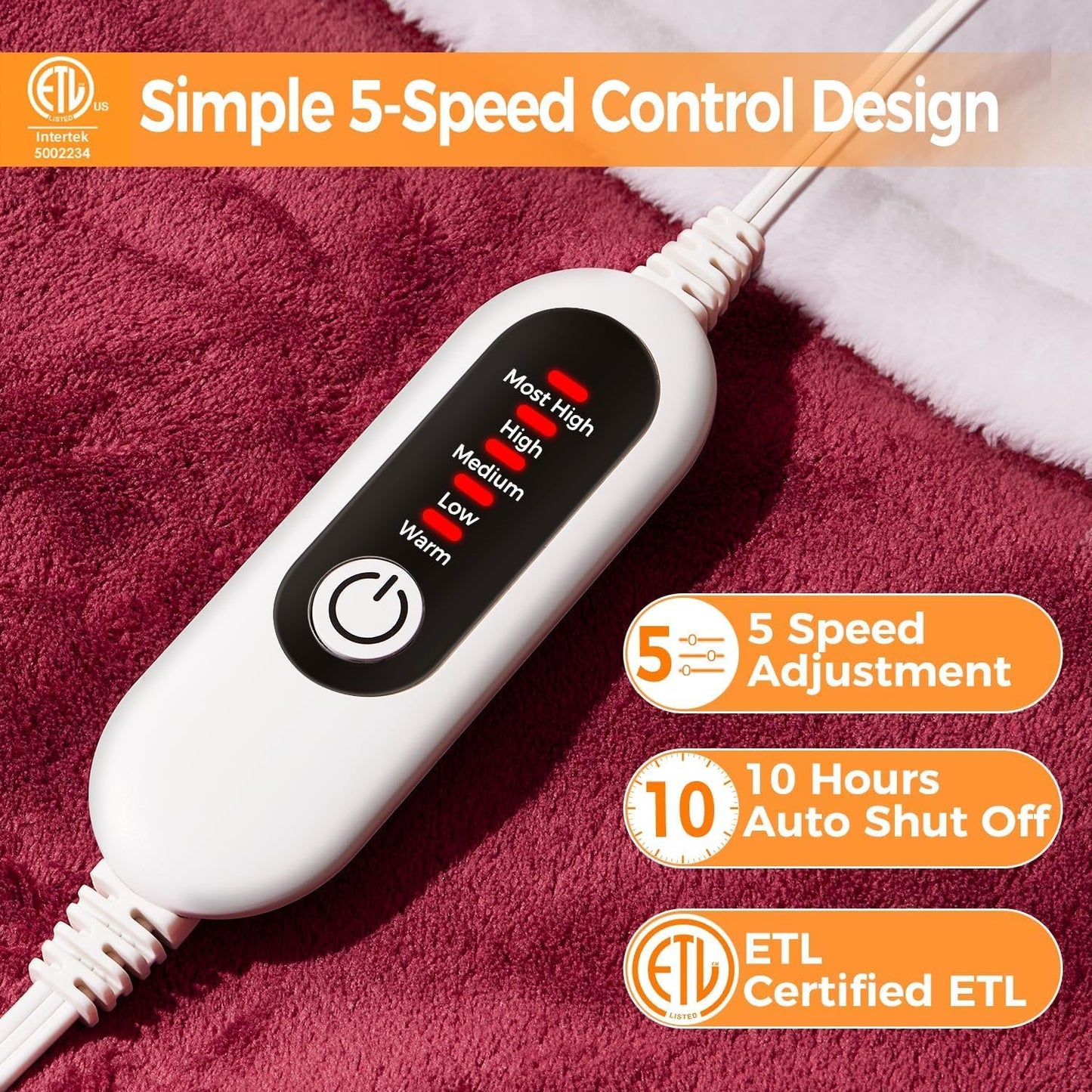 Mlivrom Heated Blanket Electric Throw, “50 x 60 with 5 Levels & 10 Hours Auto Off, Extremely Soft Flannel Warm Blanket Gifts Over-Heat Protection, ETL Certified Machine Washable