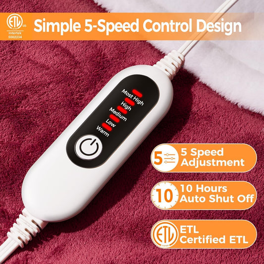 Mlivrom Heated Blanket Electric Throw, “50 x 60 with 5 Levels & 10 Hours Auto Off, Extremely Soft Flannel Warm Blanket Gifts Over-Heat Protection, ETL Certified Machine Washable