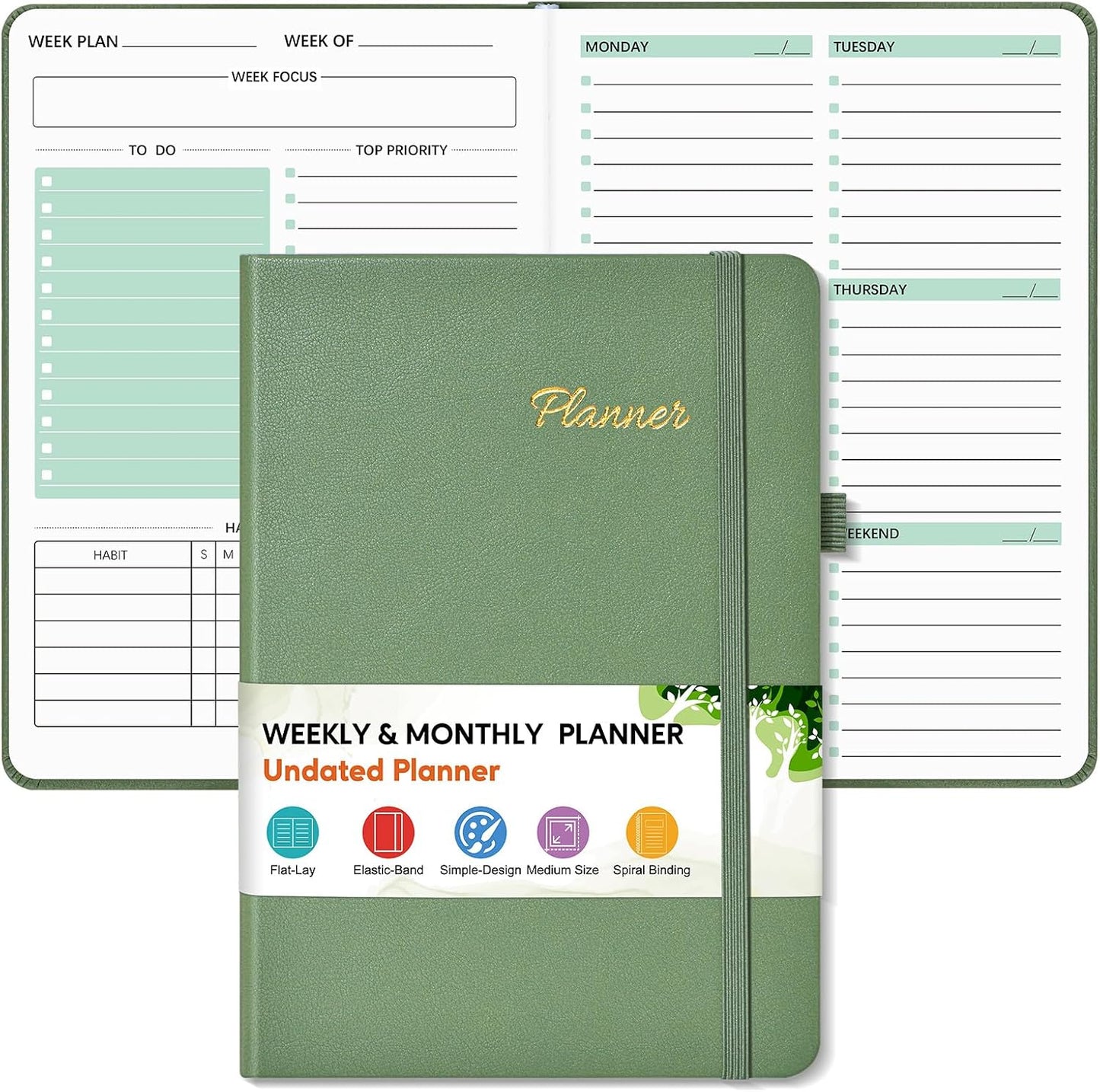 Undated Weekly and Monthly Planner, Hardcover Leather Calendar Blank Planner, Simplified To Do List Notebook with Goal & Habit Tracker Organizer, A5 Daily Weekly Planner for Work School Home, Black