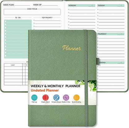 Undated Weekly and Monthly Planner, Hardcover Leather Calendar Blank Planner, Simplified To Do List Notebook with Goal & Habit Tracker Organizer, A5 Daily Weekly Planner for Work School Home, Black