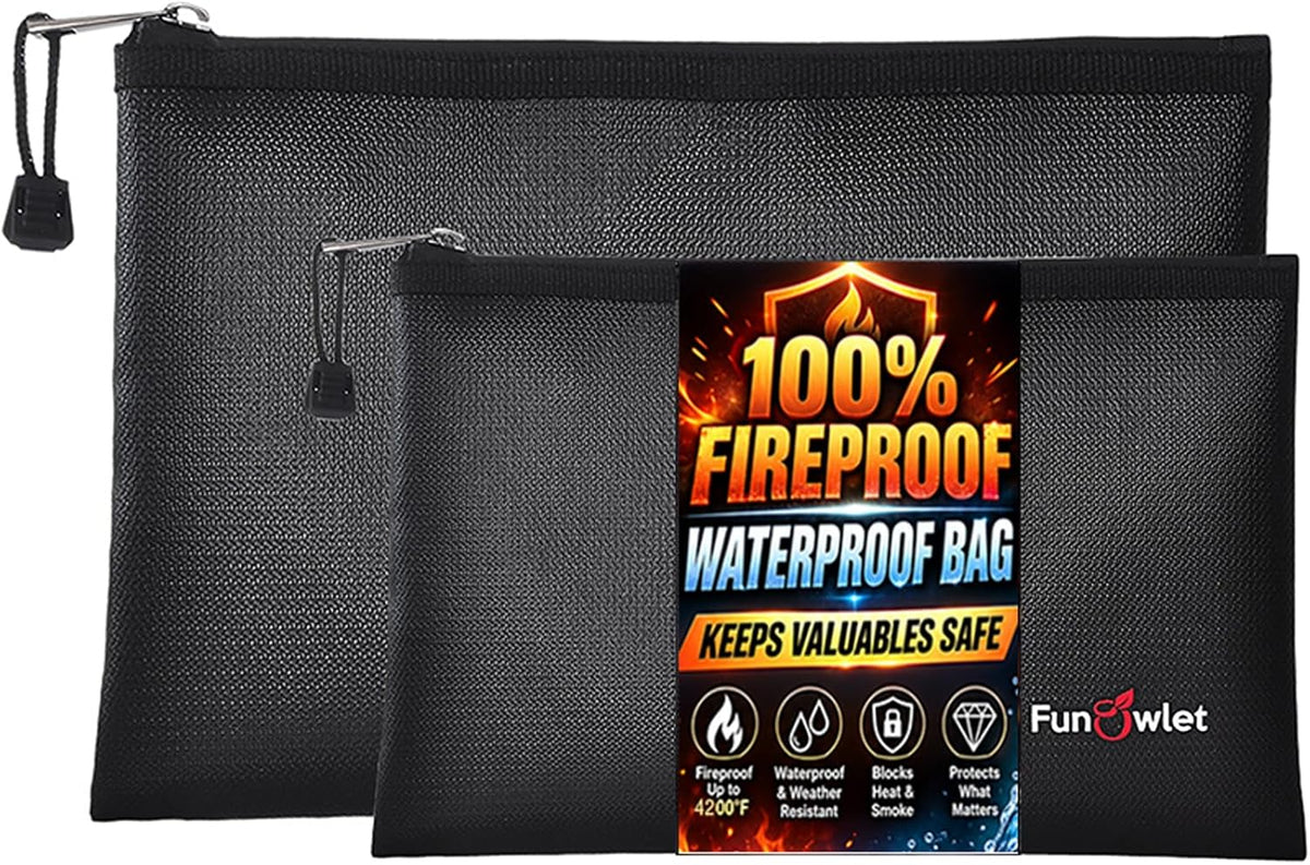Fireproof Waterproof Money Document Bag, 2Pack Safe Pouch Black