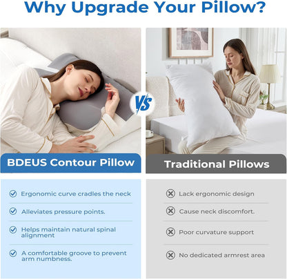 BDEUS Ergonomic Cervical Pillow for Side Sleepers, 2-in-1 Contour Orthopedic Memory Foam Pillow for Neck Shoulder Pain Relief, Sleep Apnea, Anti Snore, Pillow with Arm Rest, Head Cradle, Grey