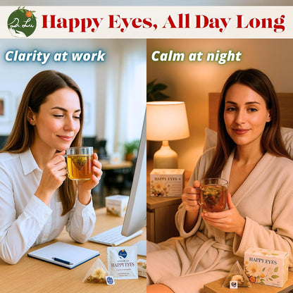 Dr. Lu’s Happy Eyes Tea | 100% Natural Eyebright Tea for Liver Cleanse | Liver Detox tea for Eye Health | Chrysanthemum, Cassia Seed, Goji Berry 8 Premium Herbs in Corn Fiber Pyramid Bags | Made in US