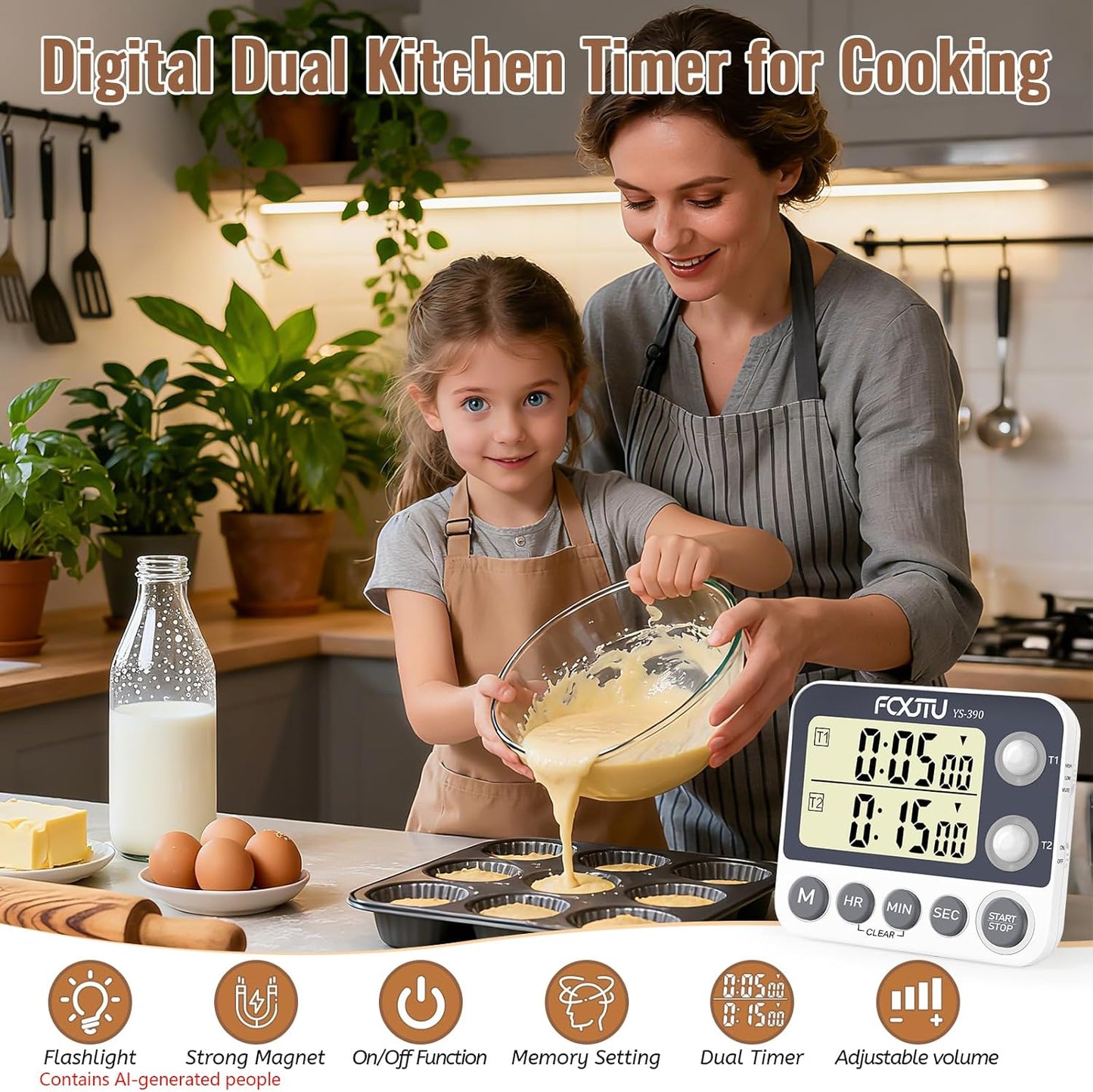 Digital Dual Kitchen Timer, 3-Channel Magnetic Countdown Timer for Cooking