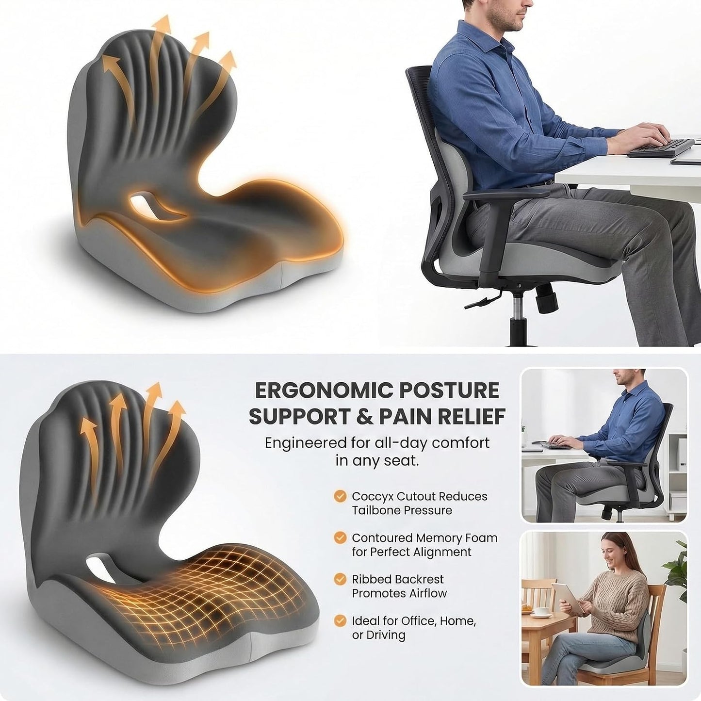 Ergonomic Seat Memory Foam Support Cushion for Back, Car Seat Back Support Cushion for Sciatica Tailbone Pain, Office Desk Chair Car Travel Seat Cushion (Pink)