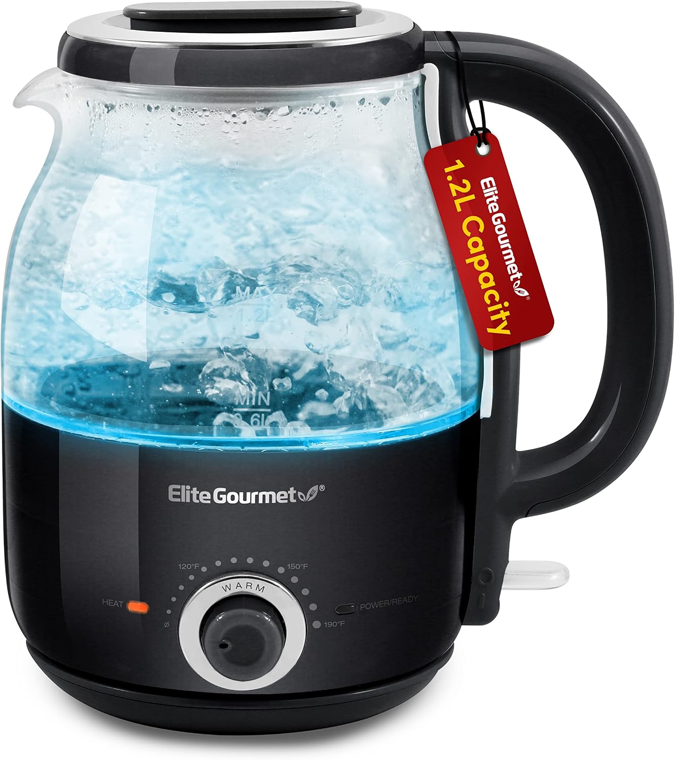 Elite Gourmet 1.2L Electric Glass Kettle, 1200W Fast Boil, Adjustable Temperature Control & Keep Warm, BPA-Free Borosilicate Glass, Auto Shut-Off & Boil-Dry Protection, 360° Cordless Base, Mint